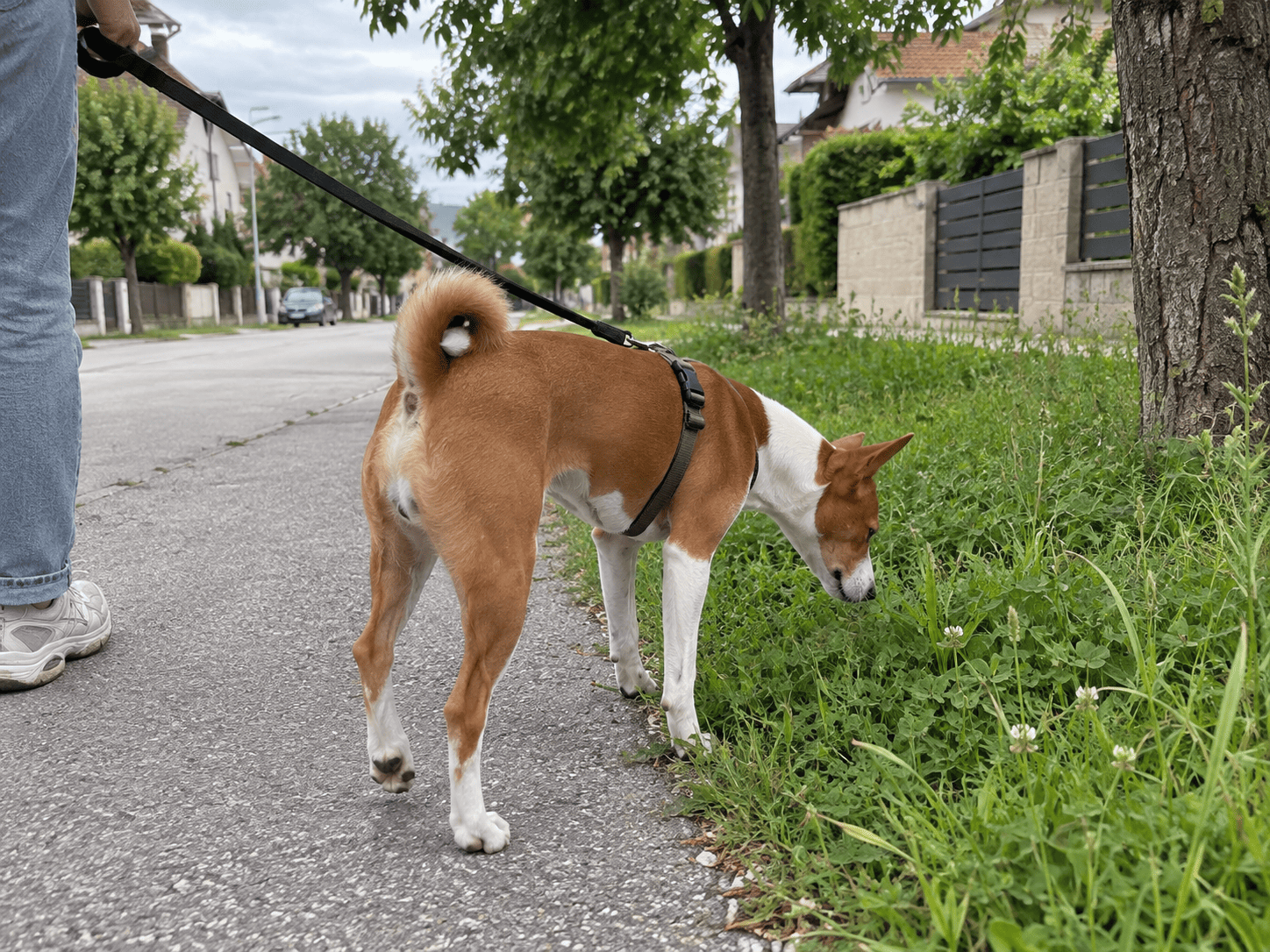 Basenji pokojne kráča na vodítku po zelenej ulici